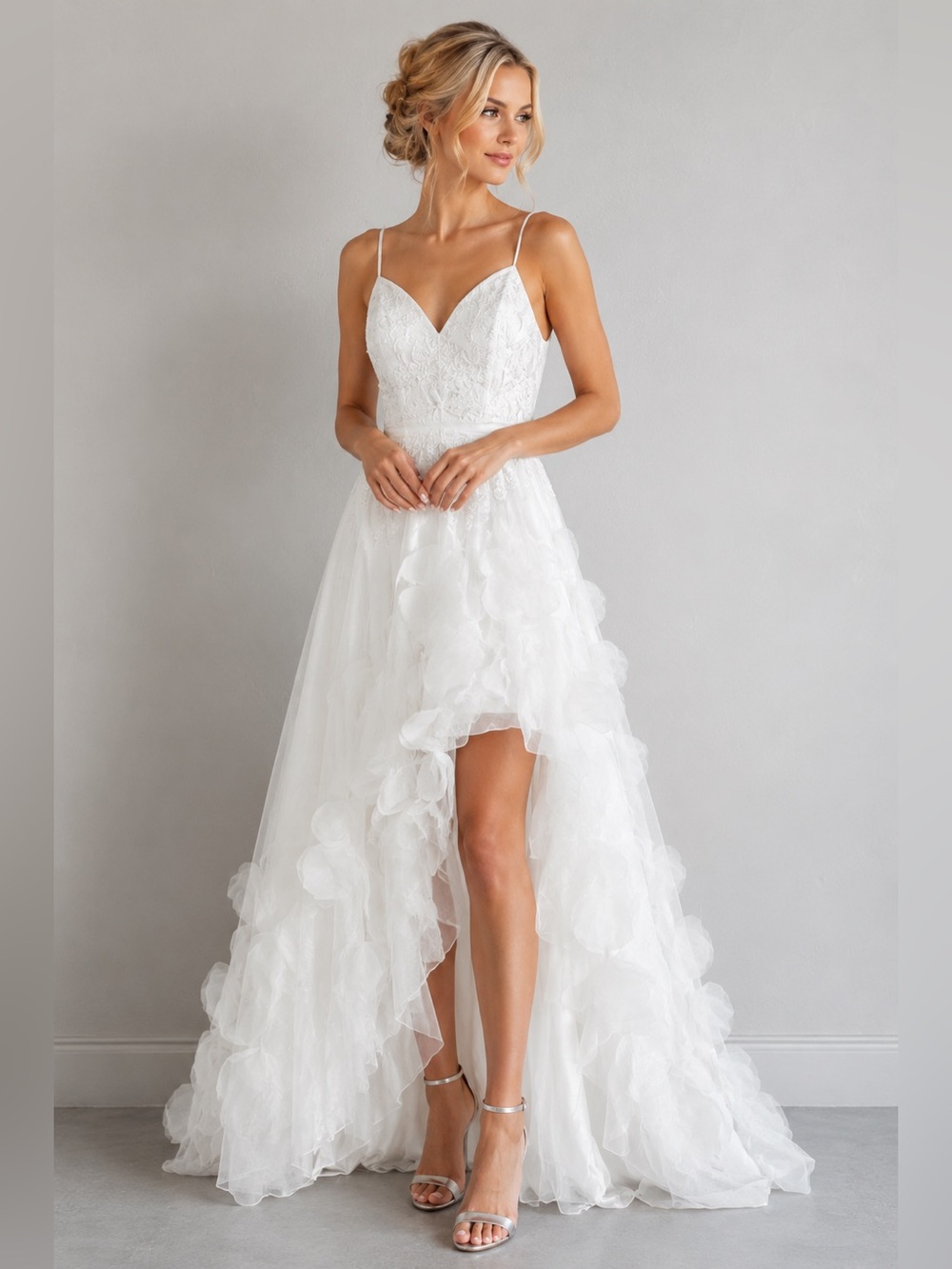 NWT Mac Duggal White Embellished Lace Flowers Formal Gown High Low Gown Size 2